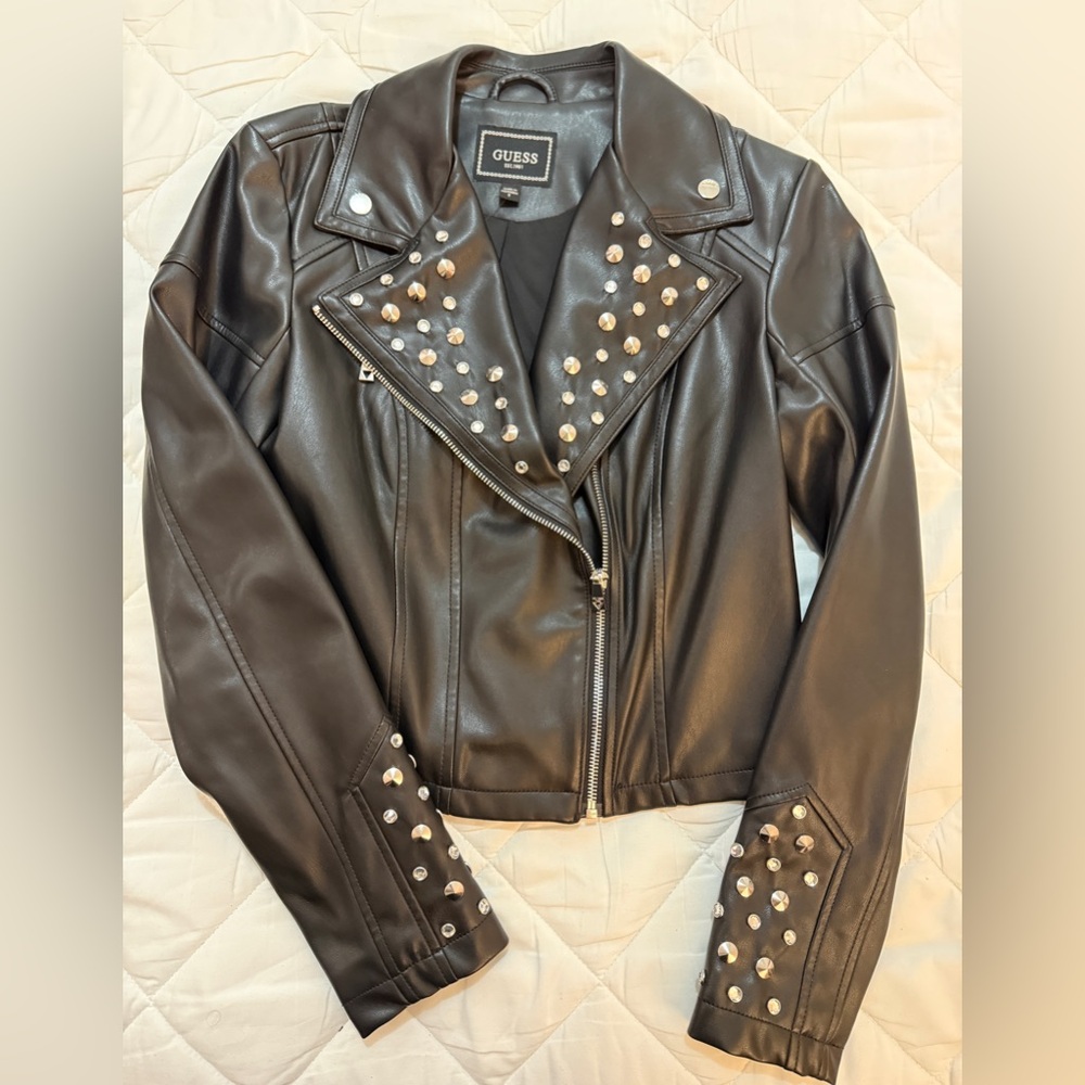 GUESS Women's Black Baddie Embellished Moto Jacket. NEW, Size S
